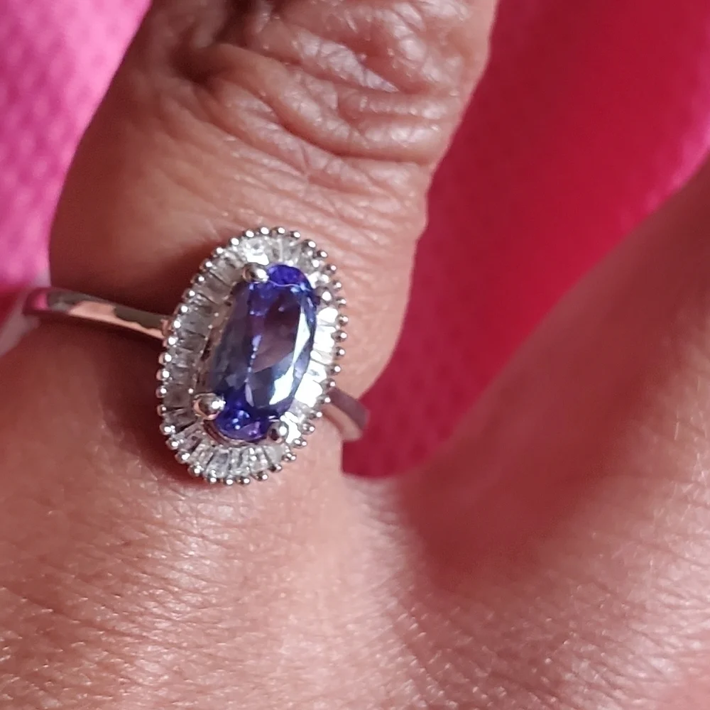 Tanzanite Diamond Halo Ring Platinum Over Sterling Silver Size 7
